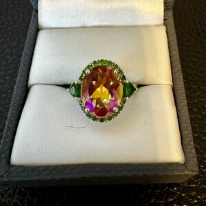 Oval Northern Lights Quartz & Mix Shape Russian Chrome Diopside Rhodium. Sz 5.